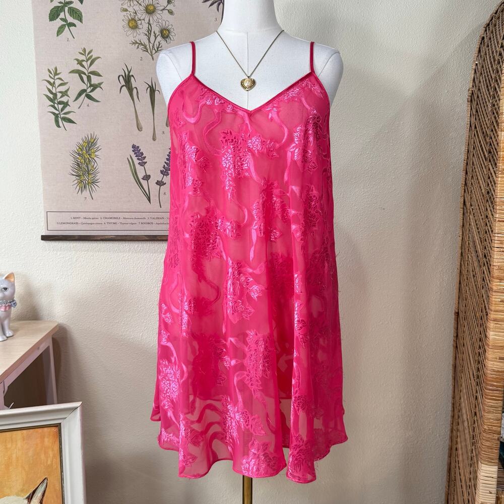 Vintage 90s Y2k Pink Sheer Floral Satin Burnout Slip Dress Romantic Sexy Fairy L
